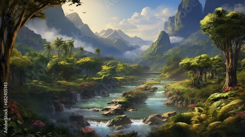 an AI masterpiece of a tranquil tropical valley with a crystal-clear river winding through a lush rainforest