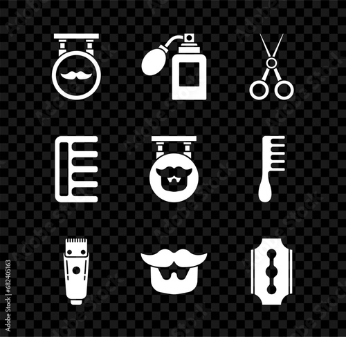 Set Barbershop, Aftershave bottle with atomizer, Scissors hairdresser, Electrical clipper shaver, Mustache and beard, Blade razor, Hairbrush and icon. Vector