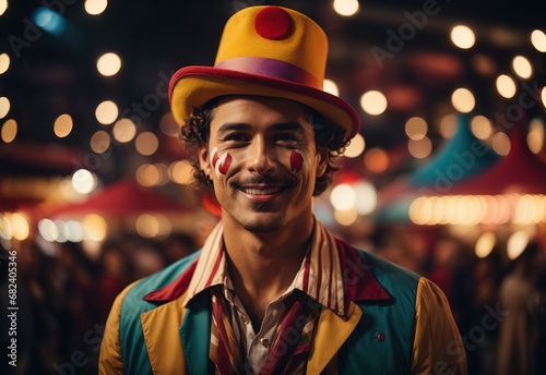 Handsome white men wearing circus suit costume and hat, circus playground on the background