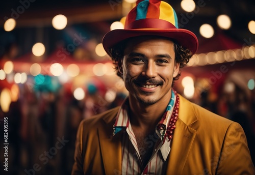 Handsome white men wearing circus suit costume and hat, circus playground on the background