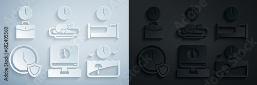 Set Monitor time, Time sleep, Clock with shield, Vacation, Food and Work icon. Vector