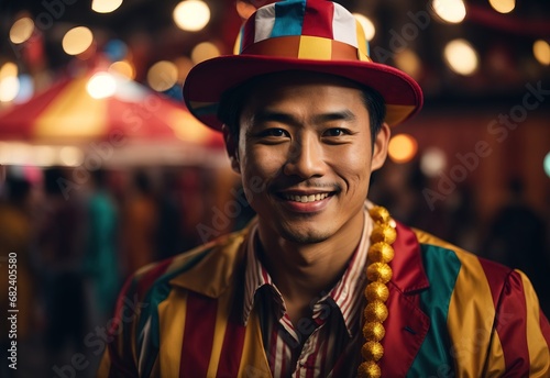 Handsome asian men wearing circus suit costume and hat, circus playground on the background