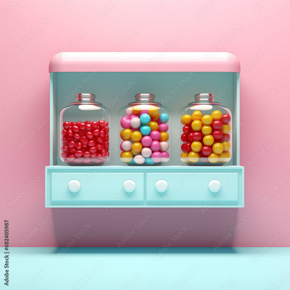 Small cabinet for candy store or children's room with storage containers for sweets or candies in yellow pink light blue pop art Small cabinet for candy store or children's room with storage containers for sweets or candies in yellow pink light blue pop art