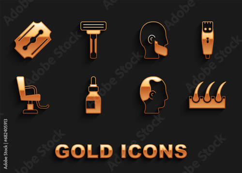Set Oil bottle, Hair clipper, Human hair follicle, Baldness, Barbershop chair, Mustache and beard, Blade razor and Shaving icon. Vector