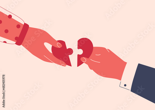 Female and male hands connect two parts of heart puzzle together. Young Couple in love . Family and sympathy concept for Valentine Day. Vector illustration