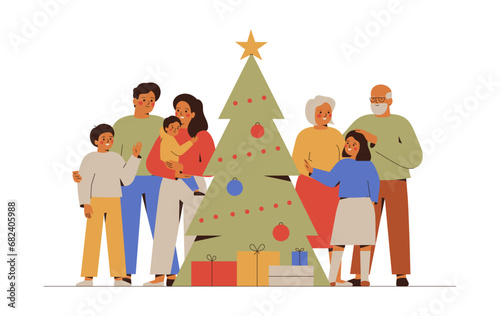 Christmas evening and Big family gathered together near decorated tree. Several generations: grandparents, adult son with his wife, grandchildren celebrate winter holiday near xmas fir. Vector illustr
