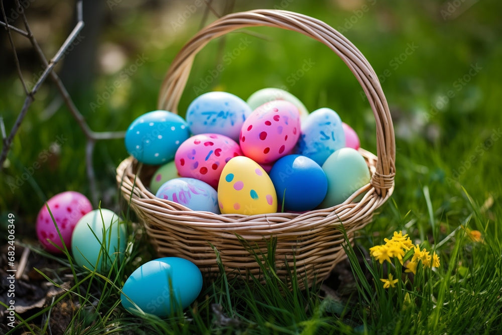 Close up of colorful Easter eggs in a basket Close up of colorful Easter eggs in a basket