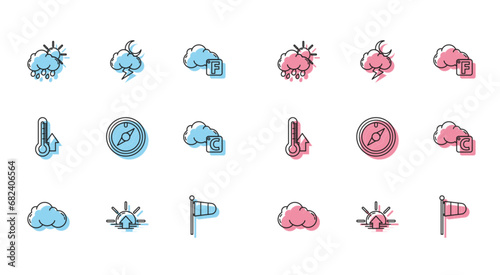 Set line Cloud, Sunrise, with rain and sun, Cone meteorology windsock wind vane, Wind rose, Celsius cloud, Thermometer and Storm icon. Vector