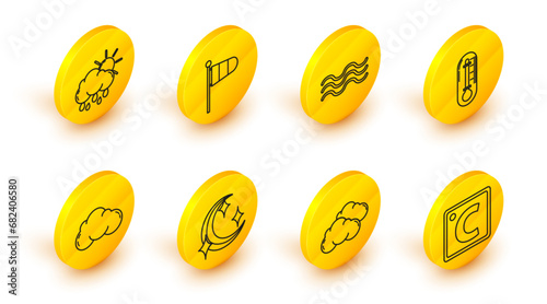 Set line Celsius, Cloud, Moon and stars, Thermometer, Waves, Cone meteorology windsock wind vane and with rain sun icon. Vector