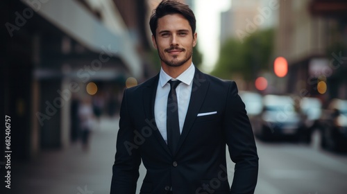 portrait of a handsome smiling Caucasian young businessman boss in a black suit walking on a city street to his company office. blurry street background, confident © pinkrabbit