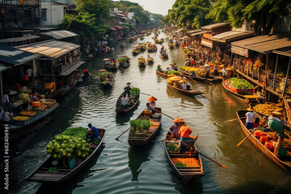 Fototapeta premium Navigating the Rich Culture of Bangkok's Floating Market