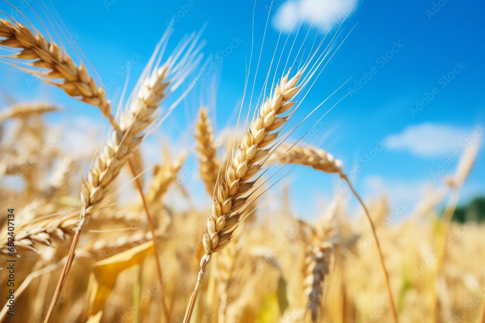 Golden wheat ready for harvest growing in a farm field under blue sky. With a brilliantly detailed foreground Golden wheat ready for harvest growing in a farm field under blue sky. With a brilliantly detailed foreground