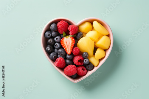 A heart shaped bowl full of fresh fruit. Healthy eating and diet concept