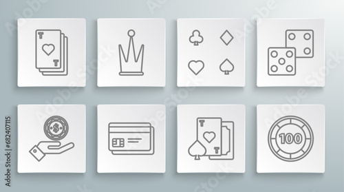 Set line Hand holding casino chips, Crown, Credit card, Playing with heart, Casino, cards, Game dice and icon. Vector