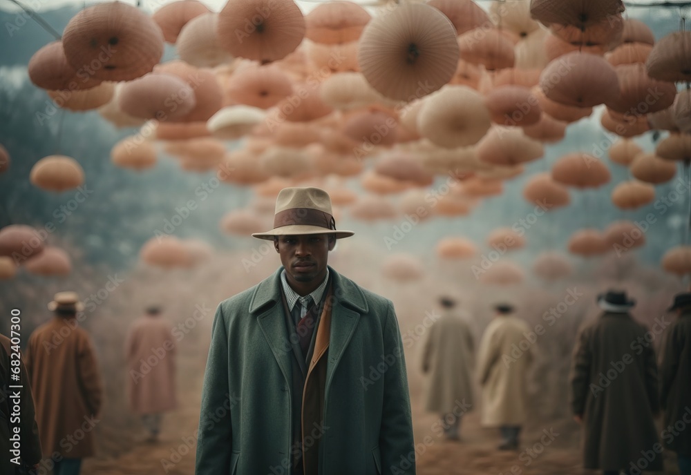 Fashion men wearing hat and coat, diffused colors adding to the surreal atmosphere
