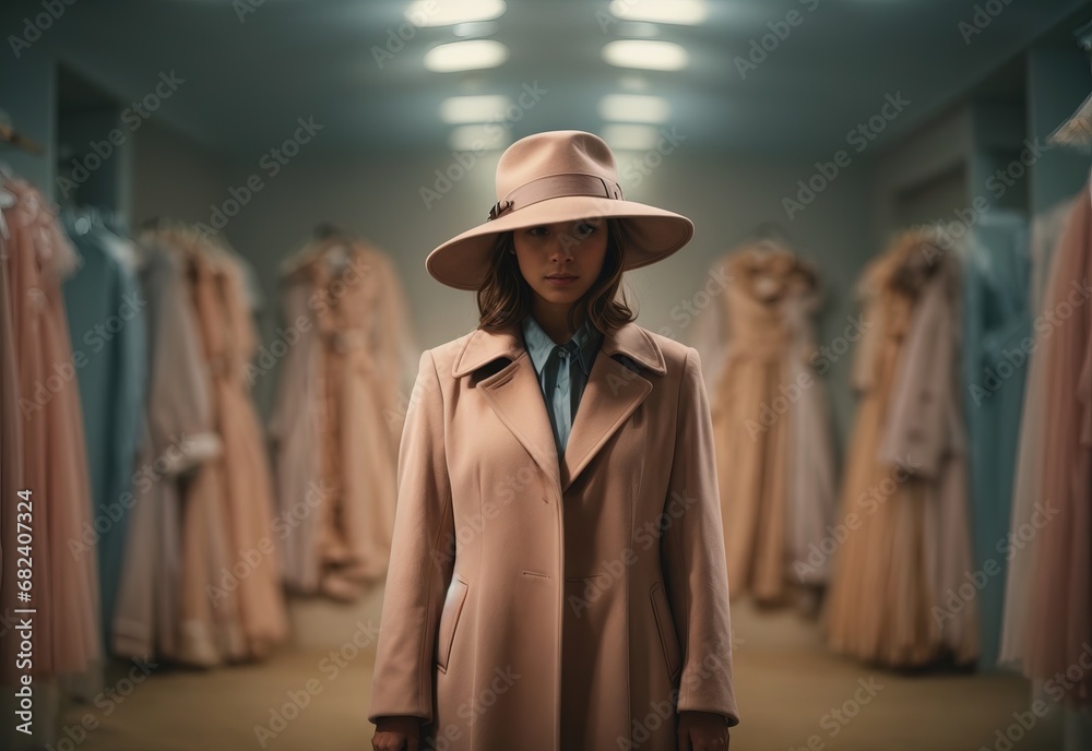 Fashion women wearing hat and coat, diffused colors adding to the surreal atmosphere Fashion women wearing hat and coat, diffused colors adding to the surreal atmosphere