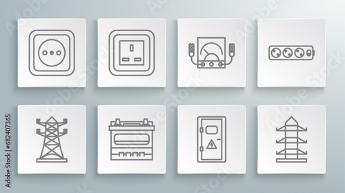 Set line High voltage power pole line, Electrical outlet, Car battery, cabinet, Ampere meter, multimeter, voltmeter, extension cord and icon. Vector