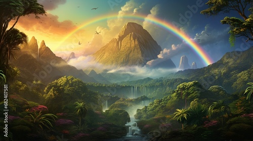 an AI scene of a tropical valley during a vivid double rainbow