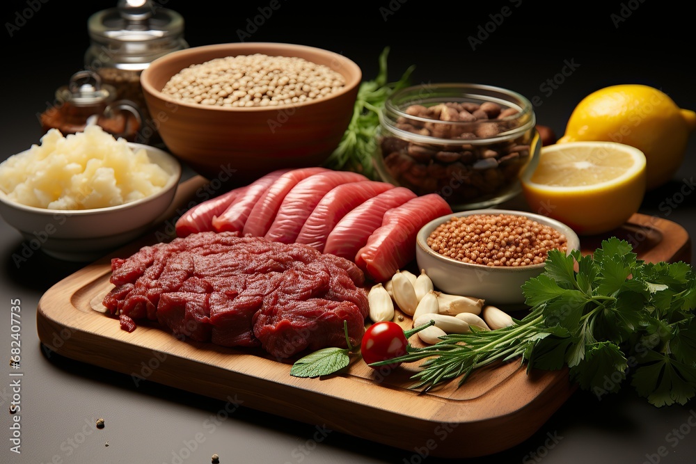 A rich array of raw ingredients, including fresh meat, legumes, and herbs, ready for a nutritious meal preparation A rich array of raw ingredients, including fresh meat, legumes, and herbs, ready for a nutritious meal preparation