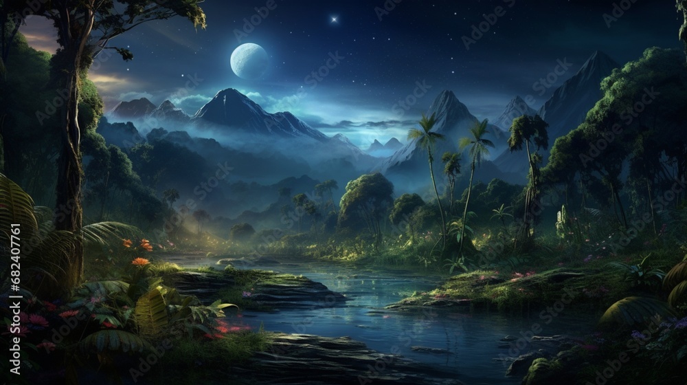 an AI scene of a tropical valley during a starry night, with fireflies illuminating the dense jungle
