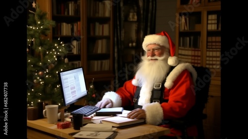 Portrait of Santa claus working from home on pc at his desk, answering messages with a smile, surrounded with books, or at his office near a christmas tree, baubles and fairy lights lit in the night photo