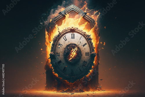 time passing by clock on fire at night