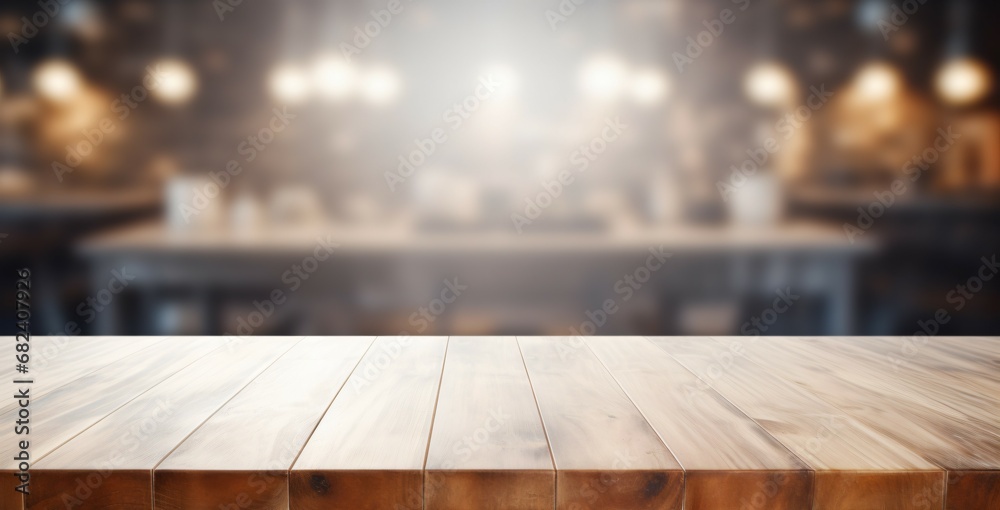 blank Wooden counter table in front of blurry white kitchen  background,product mockup