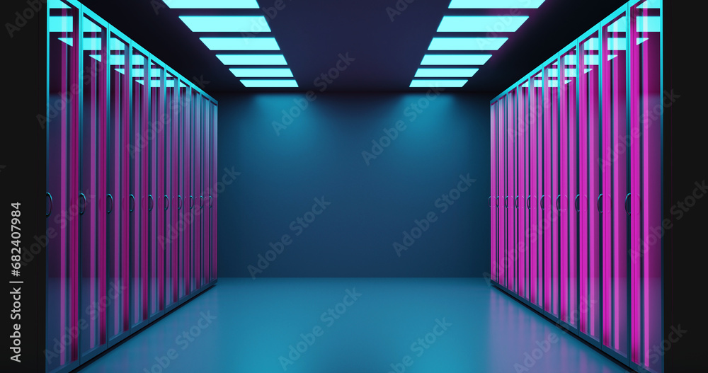 empty server cabinets in the room, organization of a new data center, preparation for the arrangement of a computing center with blue lights, 3d rendering empty server cabinets in the room, organization of a new data center, preparation for the arrangement of a computing center with blue lights, 3d rendering