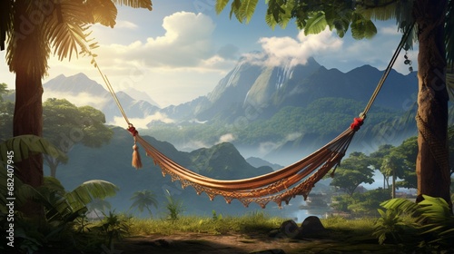 an AI scene of a tropical valley with a hammock strung between two towering palms, inviting relaxation photo