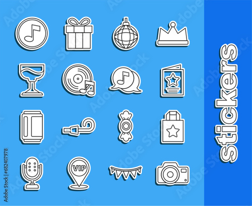 Set line Photo camera, Paper shopping bag, Greeting card, Disco ball, Vinyl disk, Cocktail, Music note, tone and Musical speech bubble icon. Vector