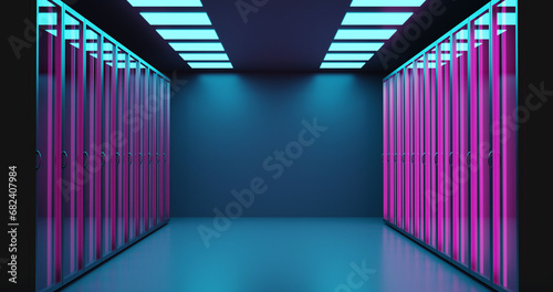 empty server cabinets in the room, organization of a new data center, preparation for the arrangement of a computing center with blue lights, 3d rendering