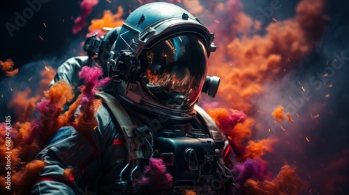 Astronaut in space suit with fire and smoke around him