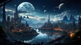 Fantasy Landscape with ancient pagodas and river at night