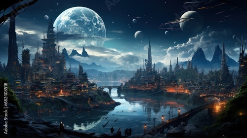 Fantasy Landscape with ancient pagodas and river at night
