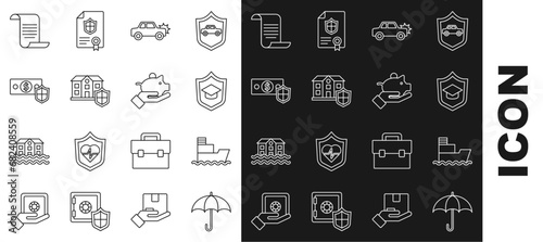 Set line Umbrella, Ship, Graduation cap with shield, Car, House, Money, Document and Piggy bank in hand icon. Vector