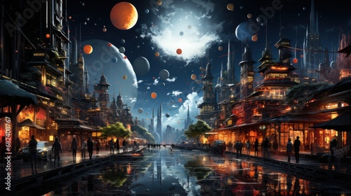 Fantasy night cityscape with moon and stars