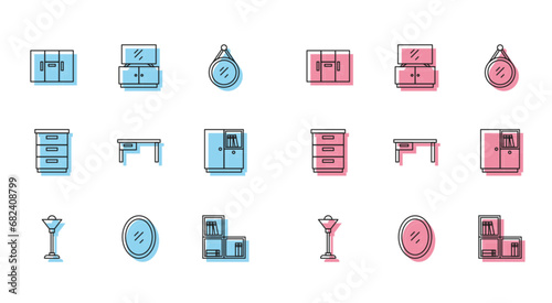 Set line Floor lamp, Mirror, Wardrobe, Shelf with books, Office desk, Furniture nightstand and TV table icon. Vector