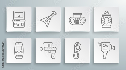Set line Old mobile phone, Electric bass guitar, Ray gun, Ear with earring, Retro cinema camera, Home stereo two speakers, Soda can straw and Tetris icon. Vector