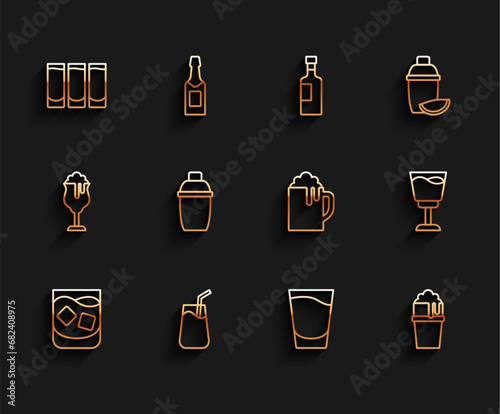 Set line Glass of whiskey, Cocktail, Shot glass, beer, shaker, Wine and Wooden mug icon. Vector