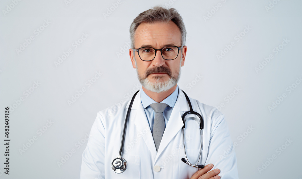 Professional doctor man in medical coat with clipboard in hands posing over light white wall background, middle aged physician with stethoscope looking at camera Professional doctor man in medical coat with clipboard in hands posing over light white wall background, middle aged physician with stethoscope looking at camera