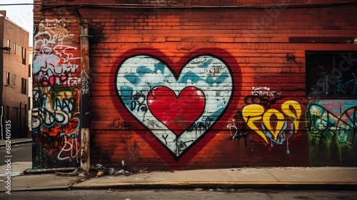 Love-themed graffiti on a brick wall in an urban setting.