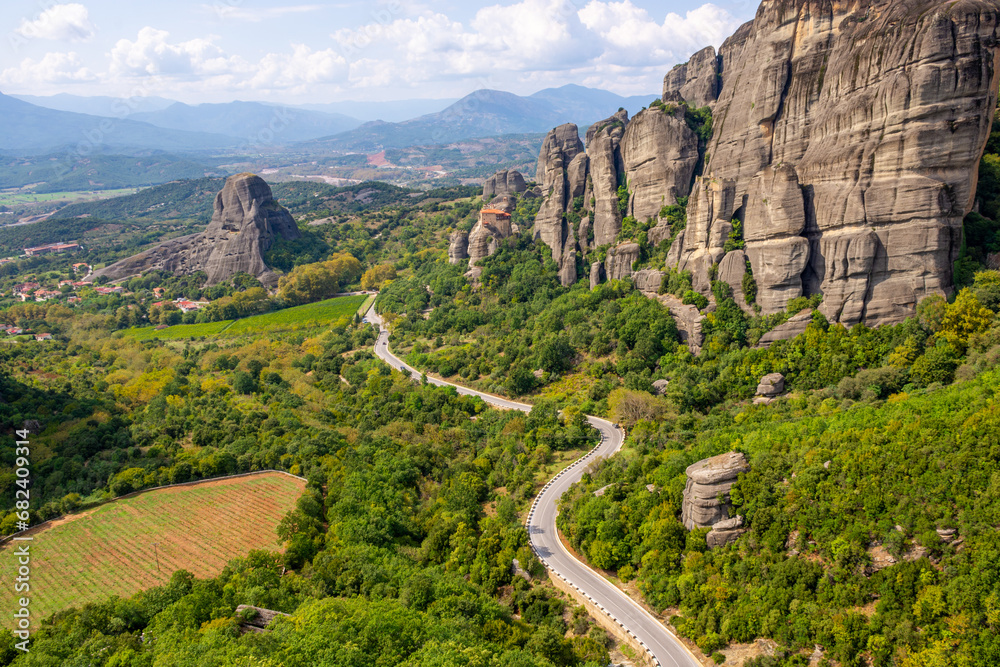 Beautiful panoramic view  of the rock formation complex of Meteora in Kalambaka, Meteora, Thessaly, Greece, Europe. 