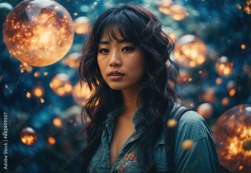 beautiful women surrounded by bubble light decoration beautiful women surrounded by bubble light decoration