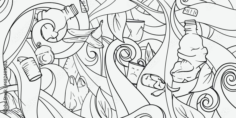 Garbage doodle art Background design in black and white for environmental campaign