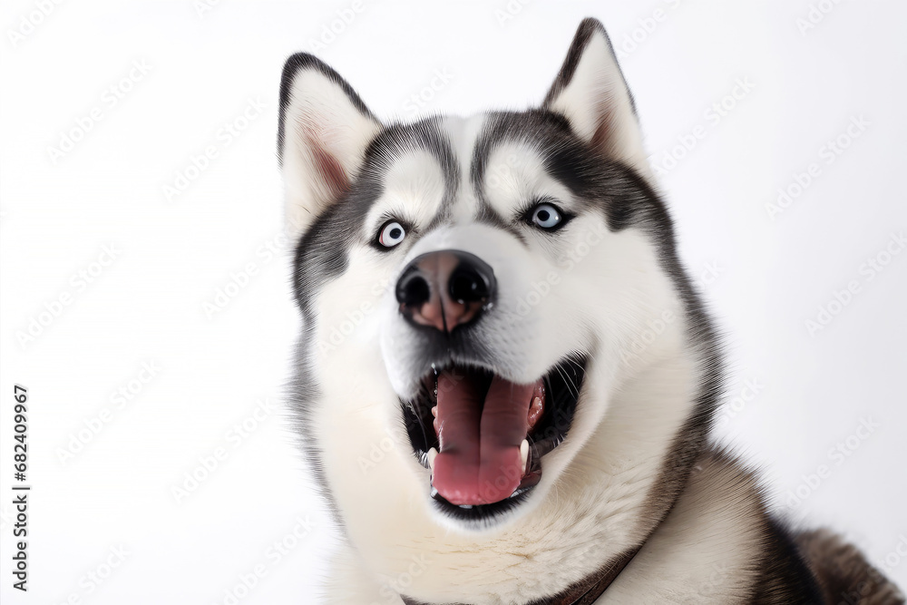 Funny dog isolated on white background. Studio portrait of a dog with surprised face.