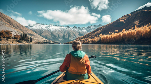 Lady kayaking in lake with beautiful landscape