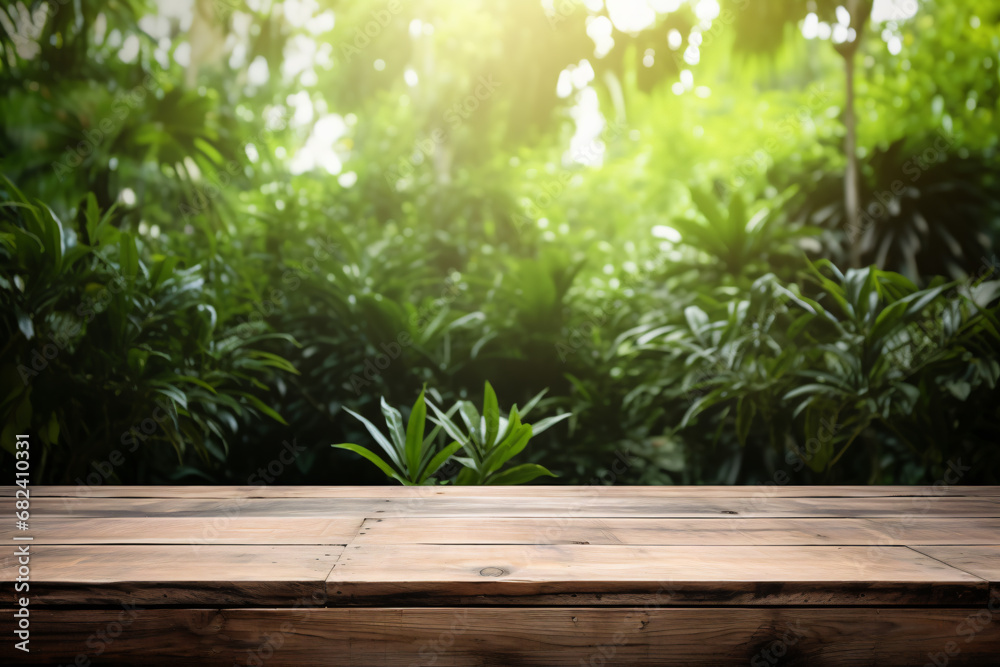 Fototapeta premium blank Wooden counter table in front of greenery plant forest background,organic product mockup