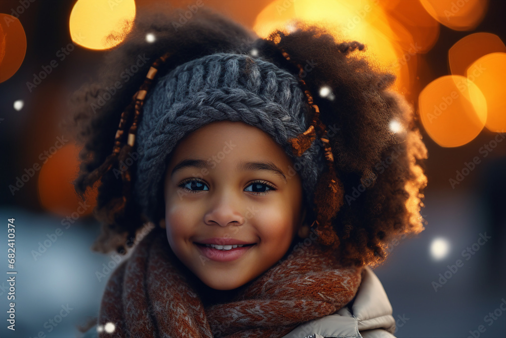 Little beautiful child boy girl Christmas fair market garland lights over head Generative AI Little beautiful child boy girl Christmas fair market garland lights over head Generative AI