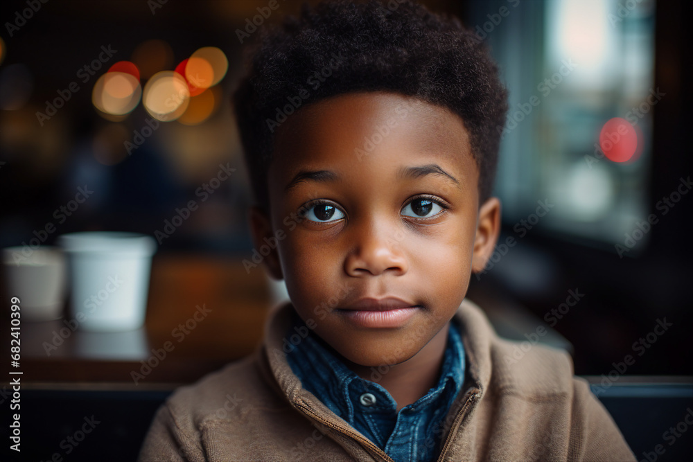 Generative AI portrait of young boy sitting modern interior cafe drinking baby beverage Generative AI portrait of young boy sitting modern interior cafe drinking baby beverage