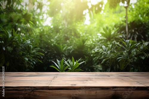 blank Wooden counter table in front of greenery plant forest background organic product mockup